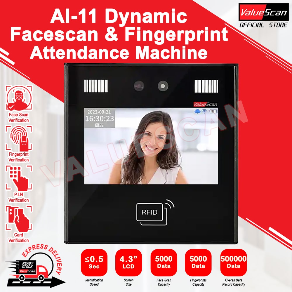 Valuescan AI-11 Dynamic Face scan Time Attendance Machine Face Recognition & Fingerprint Time Attendance Time Recorder System