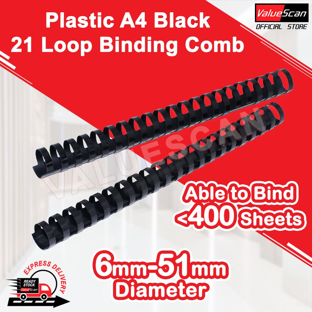 A4 Black Plastic Comb Binder / Binding Coil Rings / 21 Loops / All Sizes - 100/50Pcs/Box