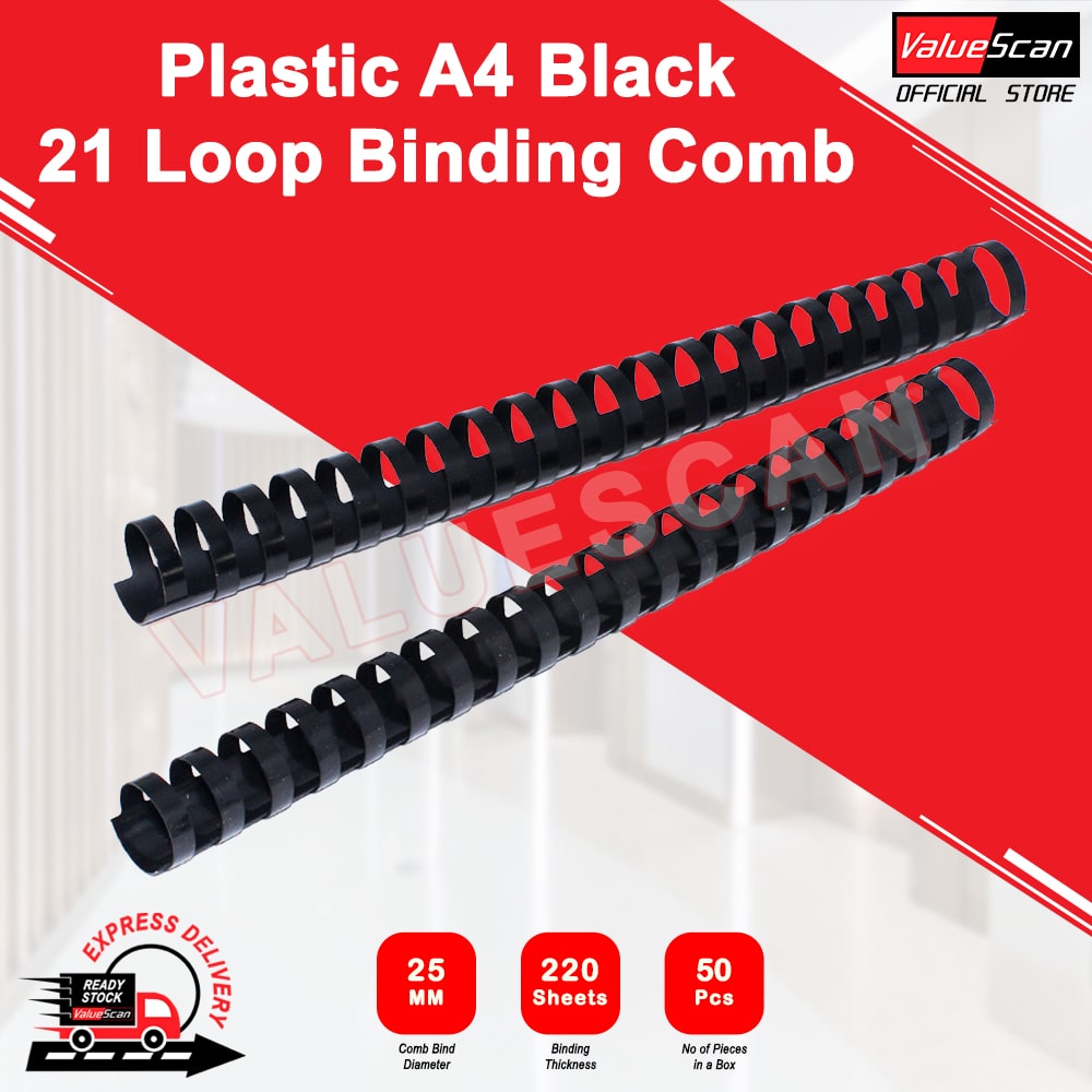 A4 Black Plastic Comb Binder / Binding Coil Rings / 21 Loops / All Sizes - 100/50Pcs/Box