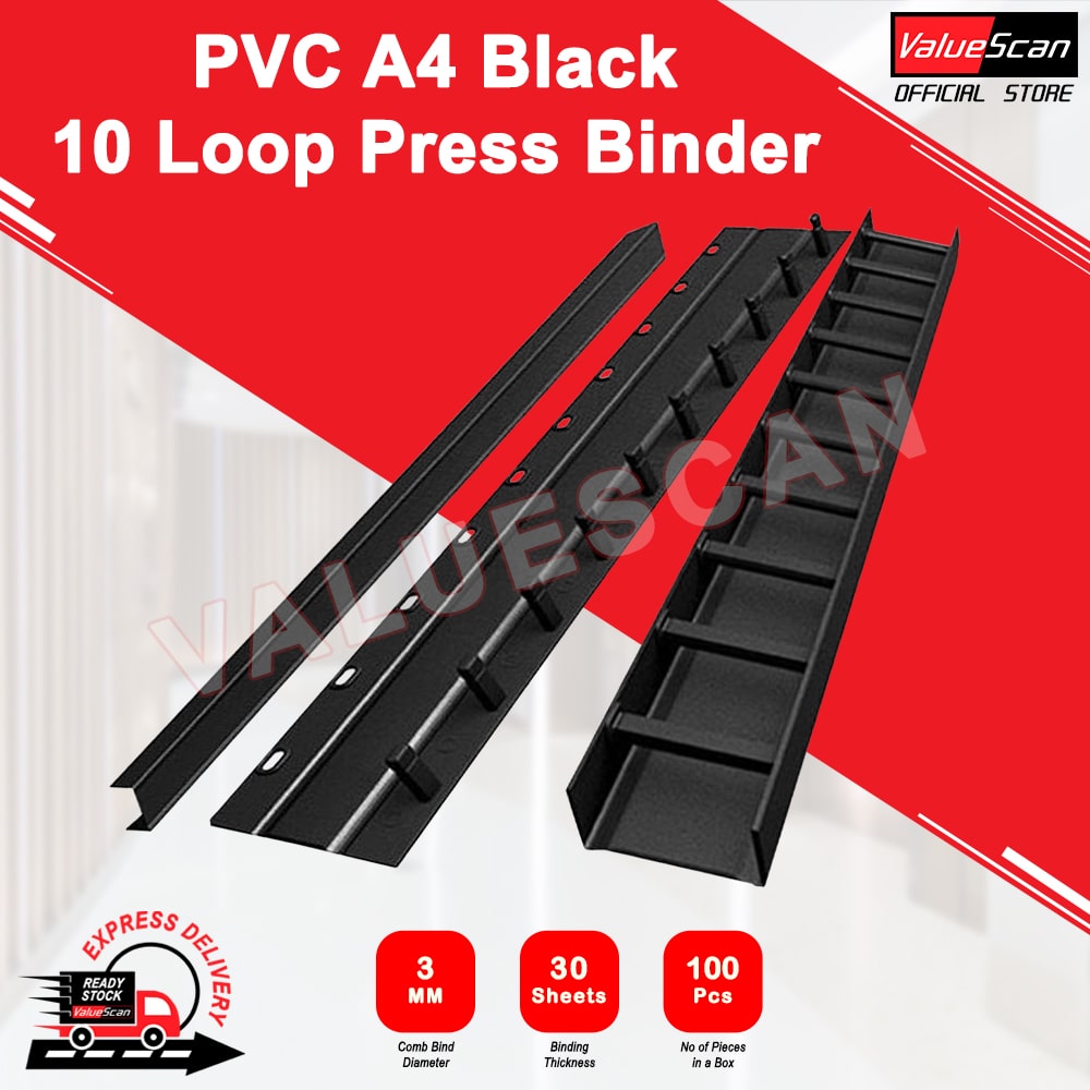 Black PVC Press Binder / Binding Strip / Lock Binder / Press Binding Comb / 10 Loops / All Sizes - 100/50Pcs/Box