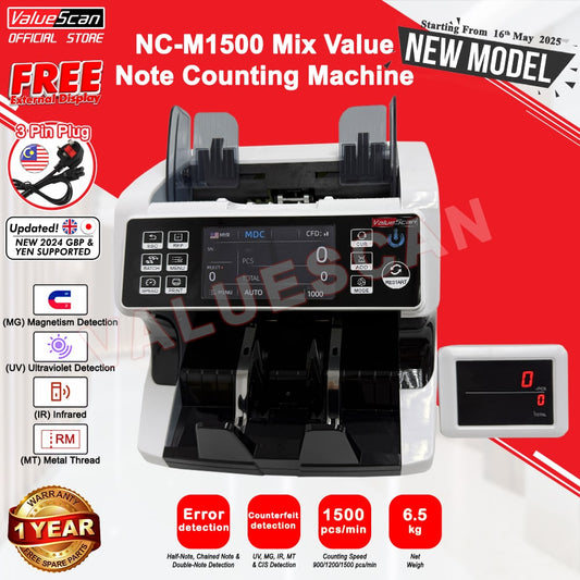 ValueScan NC-M1500 (2025) MDC Mix Value Counter Cash Money Note Bill Counter Machine Money Counting Machine M1500