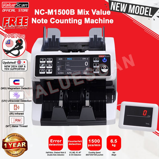 ValueScan NC-M1500B (2025) MDC Mix Value Counter Cash Money Note Bill Counter Machine Money Counting Machine M1500