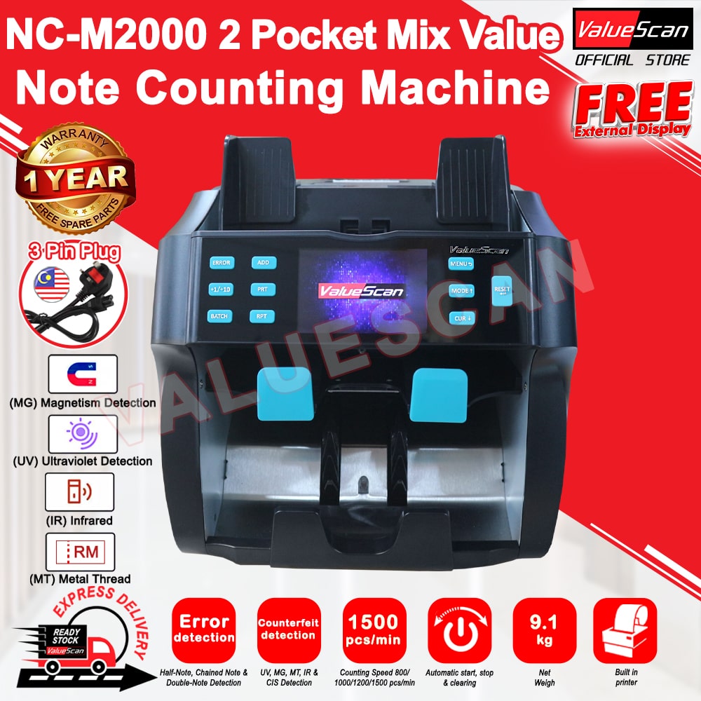 ValueScan NC-M2000 2 Pocket Mix Value Cash Money Bank Note Counter Bill Counting Machine